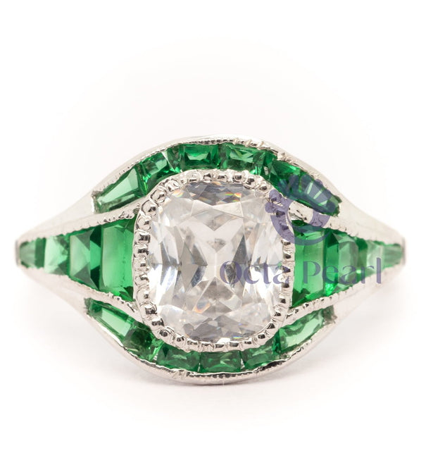 Cushion With Green Baguette Cut CZ Stone Milgiran Bezel Set Vintage Ring