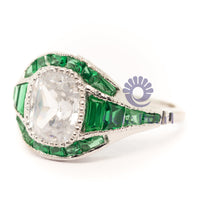 Cushion With Green Baguette Cut CZ Stone Milgiran Bezel Set Vintage Ring