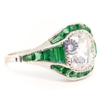 Cushion With Green Baguette Cut CZ Stone Milgiran Bezel Set Vintage Ring