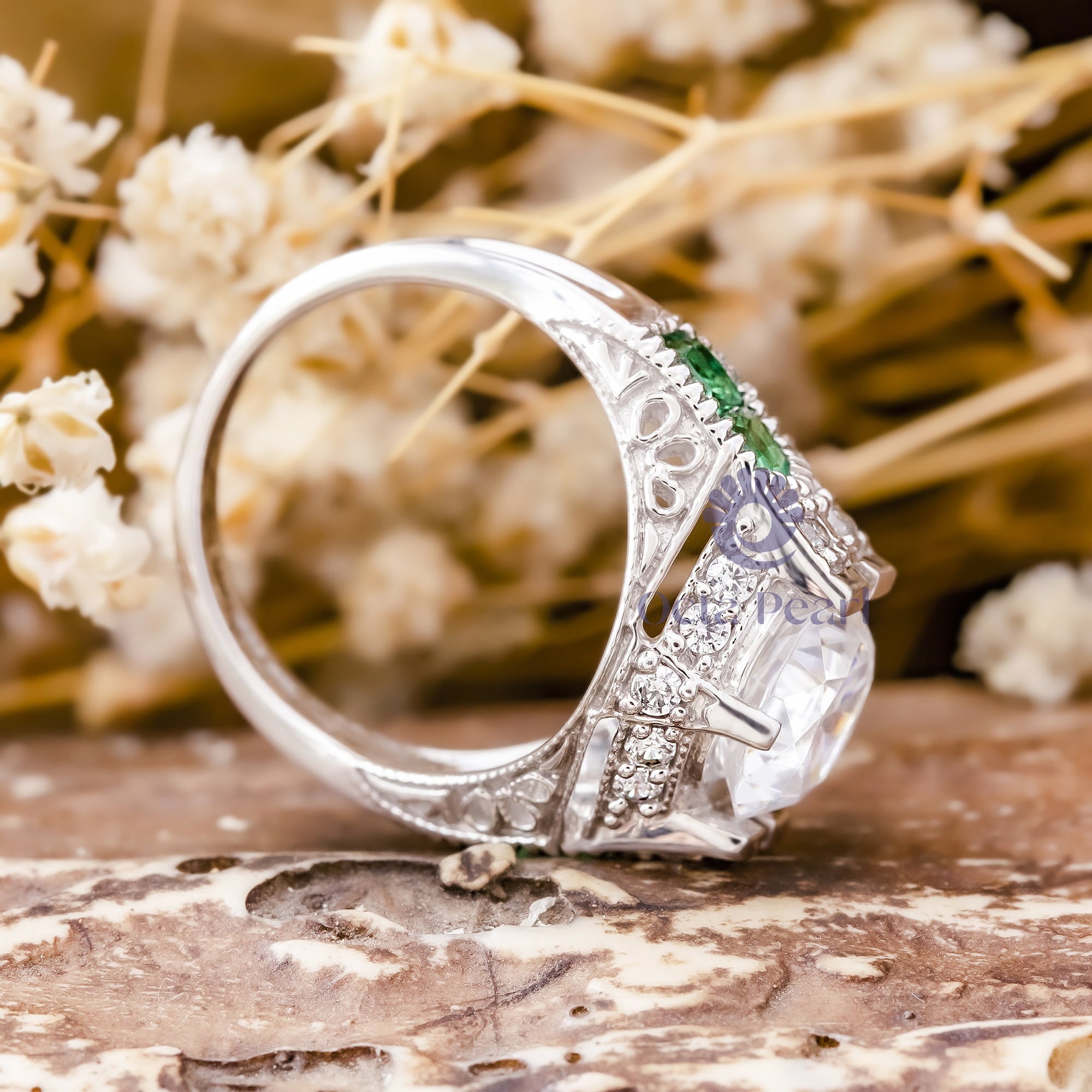 MM Round Or Green Baguette Cut CZ Stone Vintage Art Deco Wedding