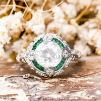 Old European Cut Green Baguette CZ Stone Vintage Art Deco Engagement Ring