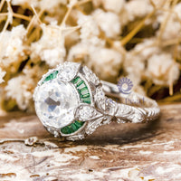 Old European Cut With Green Baguette CZ Stone Vintage Art Deco Engagement Or Anniversary Gift Ring