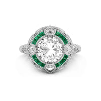 Old European Cut With Green Baguette CZ Stone Vintage Art Deco Engagement Ring