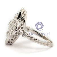 Round Cut Moissanite Milgrain Wire Work Filigree Clover Shape Art Deco Ring