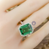 Green Emerald Cut CZ Stone Halo Set Channel Setting Wedding Engagement Ring