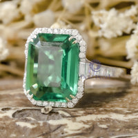 Green Emerald Cut CZ Stone Halo Set Channel Setting Wedding Engagement Ring