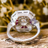 Oval & Fancy Pink Cut CZ Stone Milgrain Bezel Set Octagon Halo Art Deco Ring