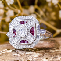 Oval & Fancy Pink Cut CZ Stone Milgrain Bezel Set Octagon Halo Art Deco Ring