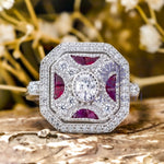 Oval & Fancy Pink Cut CZ Stone Milgrain Bezel Set Octagon Halo Art Deco Ring