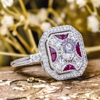 Oval & Fancy Pink Cut CZ Stone Milgrain Bezel Set Octagon Halo Art Deco Ring