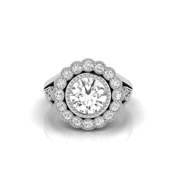 Old European Cut Moissanite Milgrain Bezel Set Floral Halo Art Deco Vintage Ring