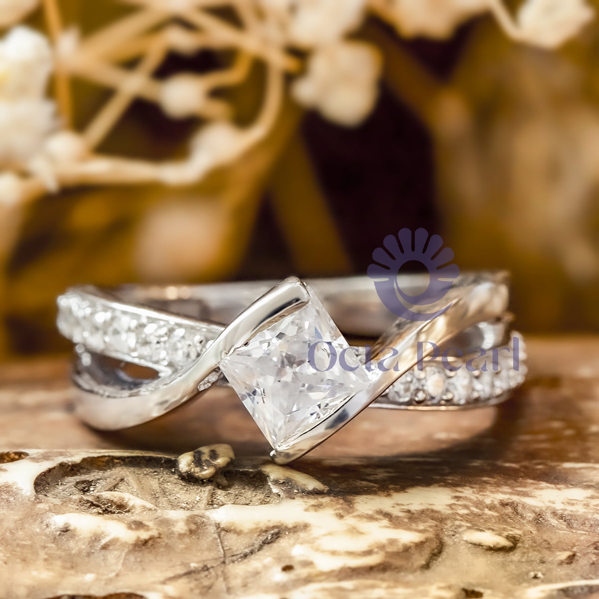 Tension Set Princess Cut Moissanite Bypass Shank Cross Over