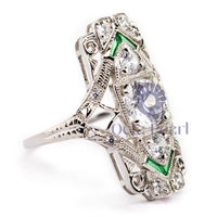 Round With Green Baguette Cut Milgrain Bezel Set Openwork Antique Art Deco Women's Ring