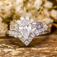Pear & Baguette Cut CZ Stone V Shape Channel Setting Wedding Bridal Ring