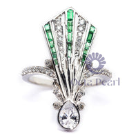 Pear & Green Baguette Cut CZ Stone V Shape Art Nouveau Vintage Ring