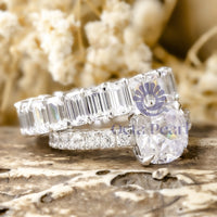 Cushion Cut CZ Stone Engagement Ring With Emerald Cut Eternity Wedding Band Bridal Ring Set