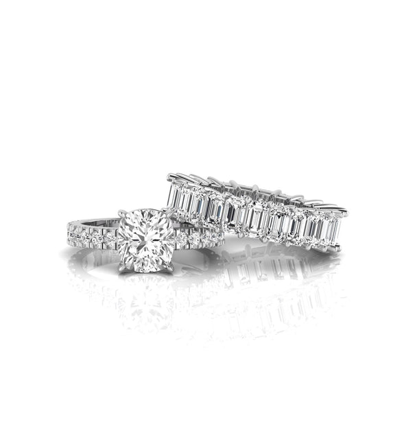 Cushion Cut CZ Stone Engagement Ring With Emerald Cut Eternity Wedding Band Bridal Ring Set