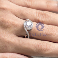 Round Cut Moissanite Halo Twisted Shank Wedding Ring For Women