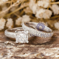 Cushion & Round Cut Moissanite Prong & Pave Setting Bridal Ring Set