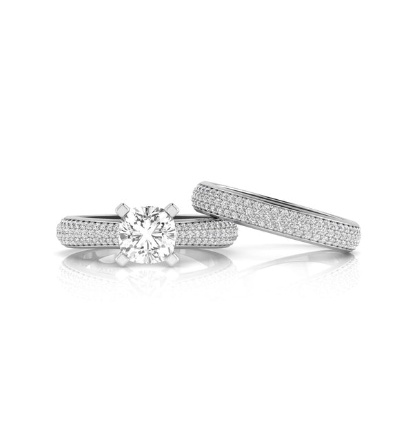 Cushion & Round Cut Moissanite Prong & Pave Setting Bridal Ring Set