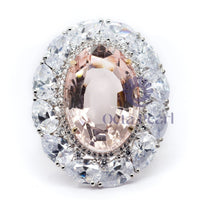 Silver Orangy Pink Oval & White Pear Cut CZ Stone Halo Cocktail Ring For Women