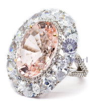 Silver Orangy Pink Oval & White Pear Cut CZ Stone Halo Cocktail Ring For Women