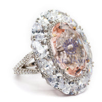 Silver Orangy Pink Oval & White Pear Cut CZ Stone Halo Cocktail Ring For Women