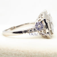 Old Mine Cut & Baguette Cut CZ Stone Halo Vintage Engagement Ring