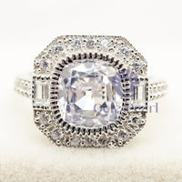 Old Mine Cut & Baguette Cut CZ Stone Halo Vintage Engagement Ring