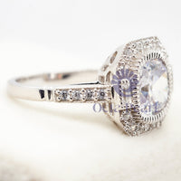 Old Mine Cut & Baguette Cut CZ Stone Halo Vintage Engagement Ring