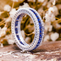 Princess Cut Blue Sapphire CZ Stone Three Row Eternity Engagement Wedding Band