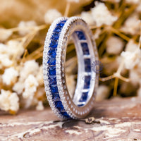 Princess Cut Blue Sapphire CZ Stone Three Row Eternity Engagement Wedding Band