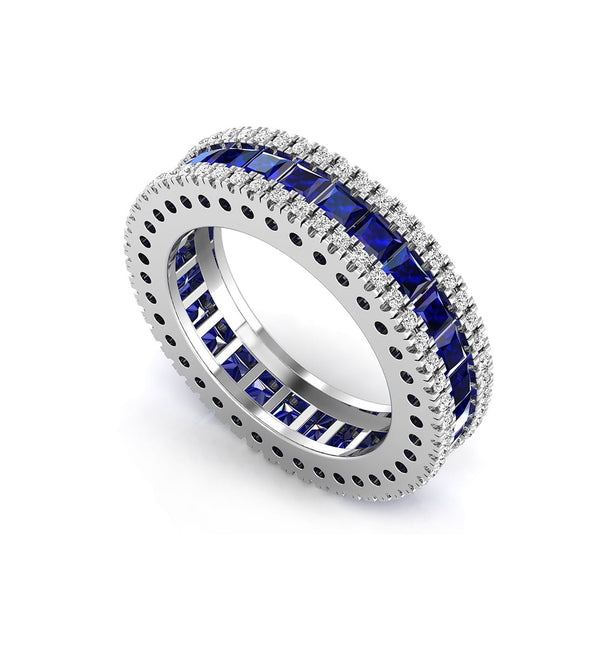 Princess Cut Blue Sapphire CZ Stone Three Row Eternity Engagement Wedding Band