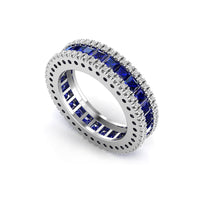 Princess Cut Blue Sapphire CZ Stone Three Row Eternity Wedding Band