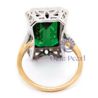 Green Emerald Cut CZ Stone Milgrain Bezel Set Two Tone Gold Vintage Ring