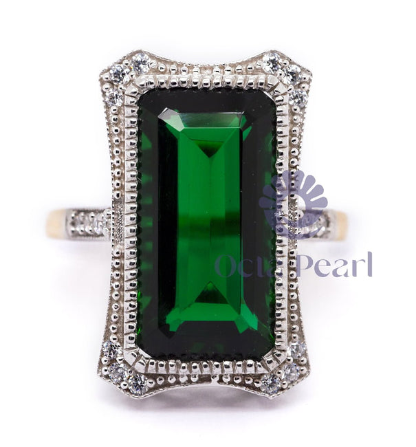 Green Emerald Cut CZ Stone Milgrain Bezel Set Two Tone Gold Vintage Ring