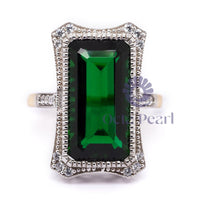 Green Emerald Cut CZ Stone Milgrain Bezel Set Two Tone Gold Vintage Ring