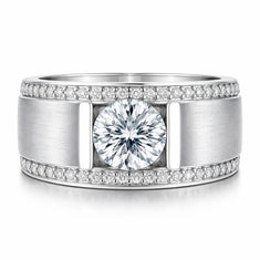 Round Cut Moissanite Tension Setting Wedding Ring for Men | 925 Sterling Silver | US 6.75