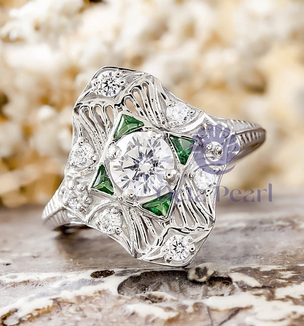 Round & Green Triangle Cut CZ Stone Openwork Vintage Navette Engagement Ring