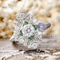 Round & Green Triangle Cut CZ Stone Openwork Vintage Navette Engagement Ring