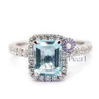 Aqua Emerald Cut CZ Gemstone Halo Delicate Wedding Promise Ring