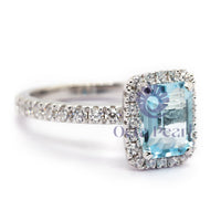 Aqua Emerald Cut CZ Gemstone Halo Delicate Wedding Promise Ring