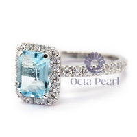 Aqua Emerald Cut CZ Gemstone Halo Delicate Wedding Promise Ring