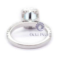 Aqua Emerald Cut CZ Gemstone Halo Delicate Wedding Promise Ring