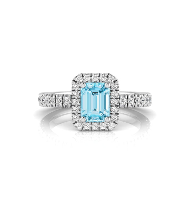 Aqua Emerald Cut CZ Gemstone Halo Delicate Wedding Promise Ring