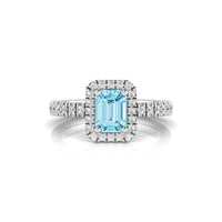 Aqua Emerald Cut CZ Gemstone Halo Delicate Wedding Promise Ring