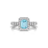 Aqua Emerald Cut CZ Gemstone Halo Delicate Wedding Promise Ring