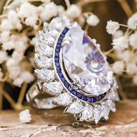 Huge Pear With Blue Sapphire Baguette Cut CZ Stone Halo Cocktail Ring For Party Wear