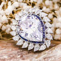 Huge Pear With Blue Sapphire Baguette Cut CZ Stone Halo Cocktail Ring For Party Wear