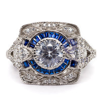 Round & Blue Sapphire Baguette Cut CZ Stone Milgrain Art Deco Vintage Ring